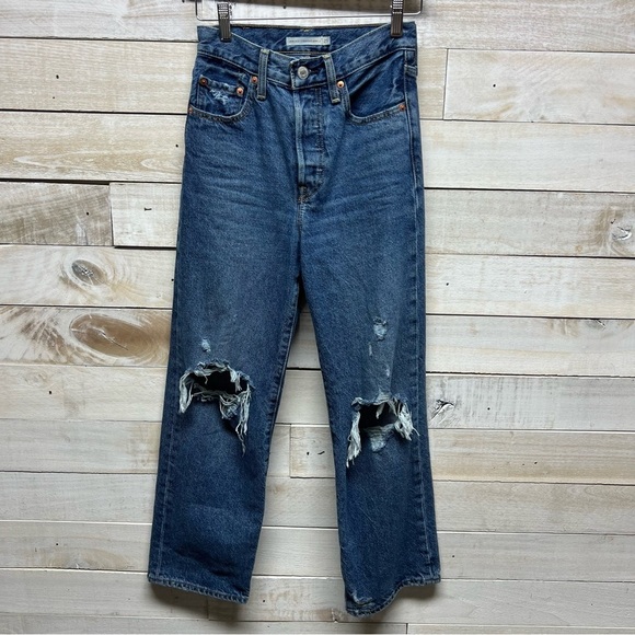 Levis Ribcage Straight Ankle Jeans Women 25 Blue High Rise Button Fly Distressed - Picture 1 of 13